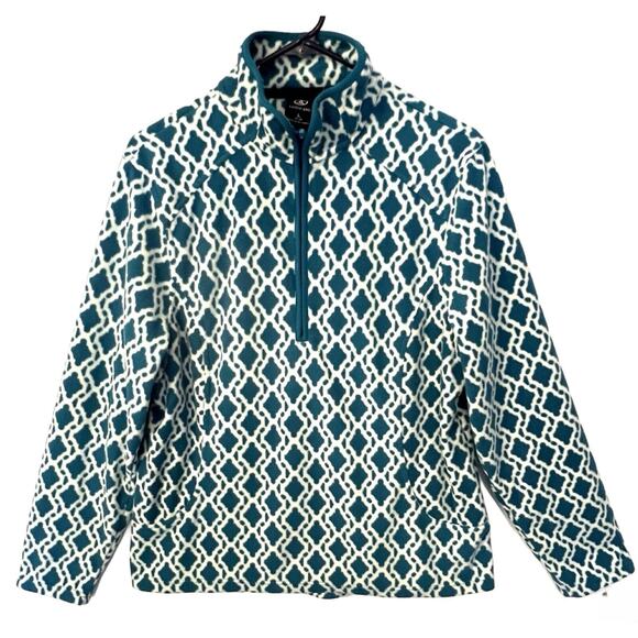Lands End Fleece Pullover Womens Size L Blue White Diamond 1/4 Zip Long Sleeve - Picture 1 of 8